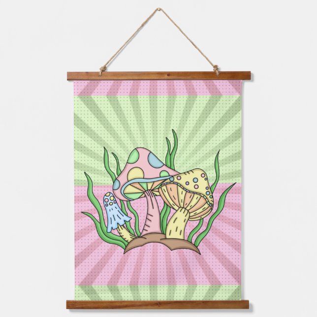 Sunburst Pop Art Retro Mushrooms Hanging Tapestry (Front)