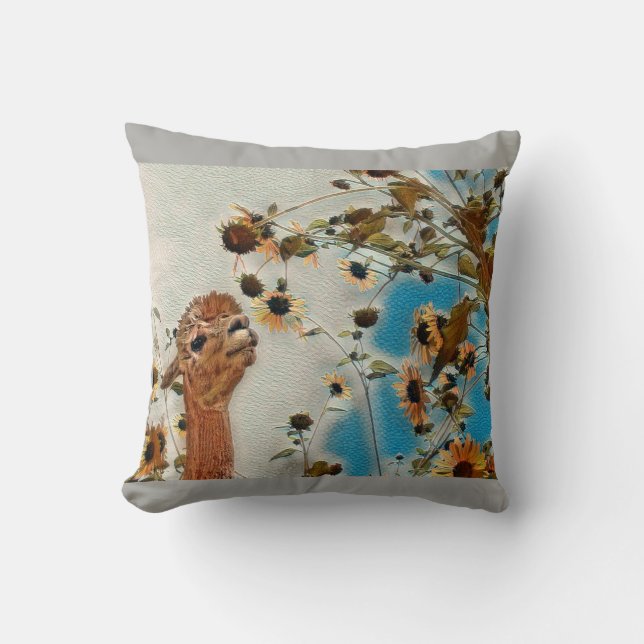 Sundance the Alpaca Smelling the Flowers Cushion (Front)
