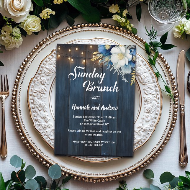 Sunday Brunch Blue Wood String Lights Wedding  Invitation (Creator Uploaded)