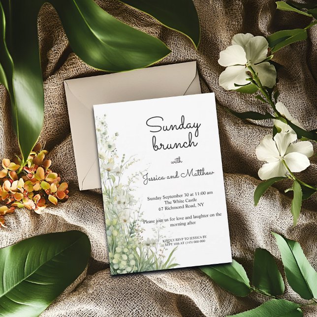 Sunday brunch Dusty Sage Green Flowers Wedding Invitation (Creator Uploaded)