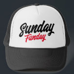 Sunday Funday cool trucker hat<br><div class="desc">Sunday Funday cool trucker hat with quote. Custom baseball cap with script typography. Stylish hand lettering design. Available in different colours. Add your own inspirational quote or saying optionally. Fun Birthday gift idea for friends and family.</div>