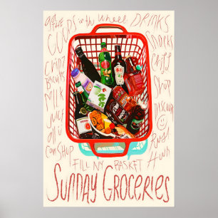 Sunday Groceries Print Red Shopping Basket, Foodie