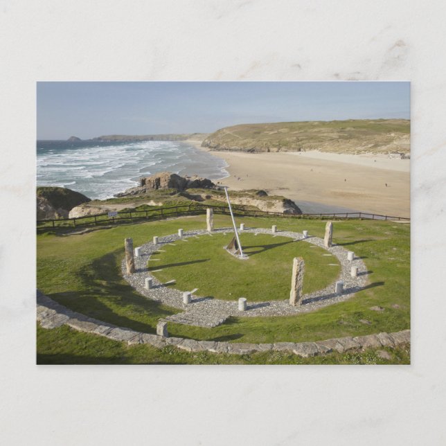 Sundial and Perran Beach, Perranporth, Cornwall, Postcard (Front)