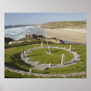 Sundial and Perran Beach, Perranporth, Cornwall, Poster