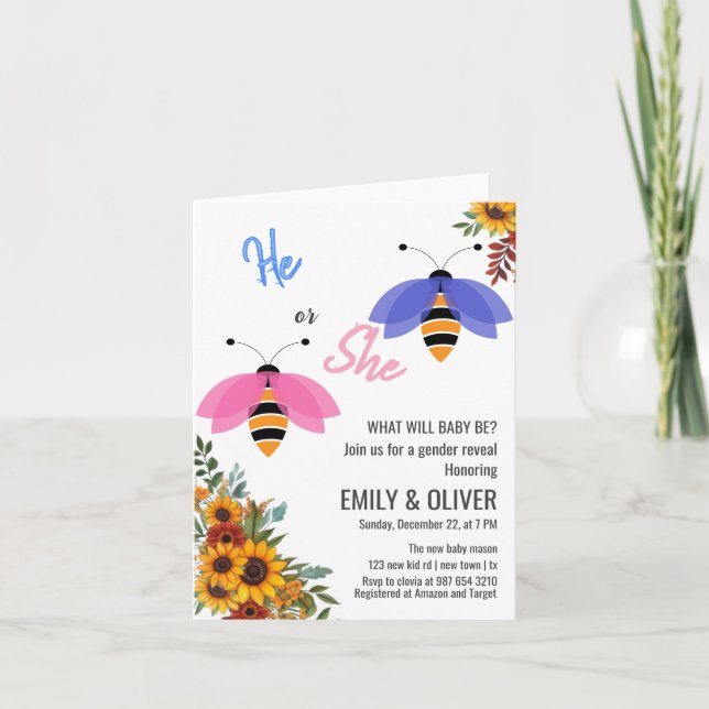 Sunflowe bee bird boy or girl gender reveal party invitation (Front)