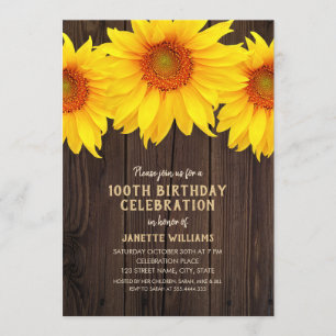 Sunflower 100th Birthday Party Rustic Wood Invitation