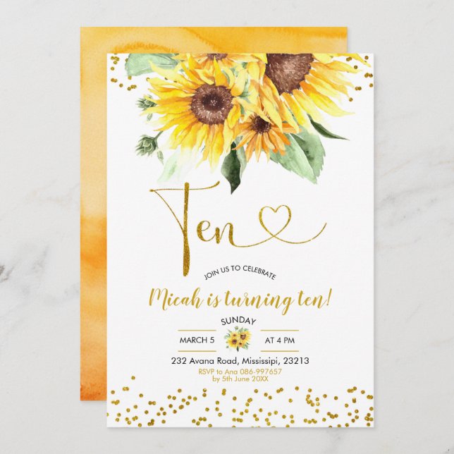 Sunflower 10th Birthday Invitation (Front/Back)
