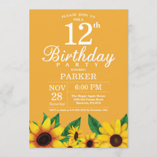 Sunflower 12th Birthday Invitation