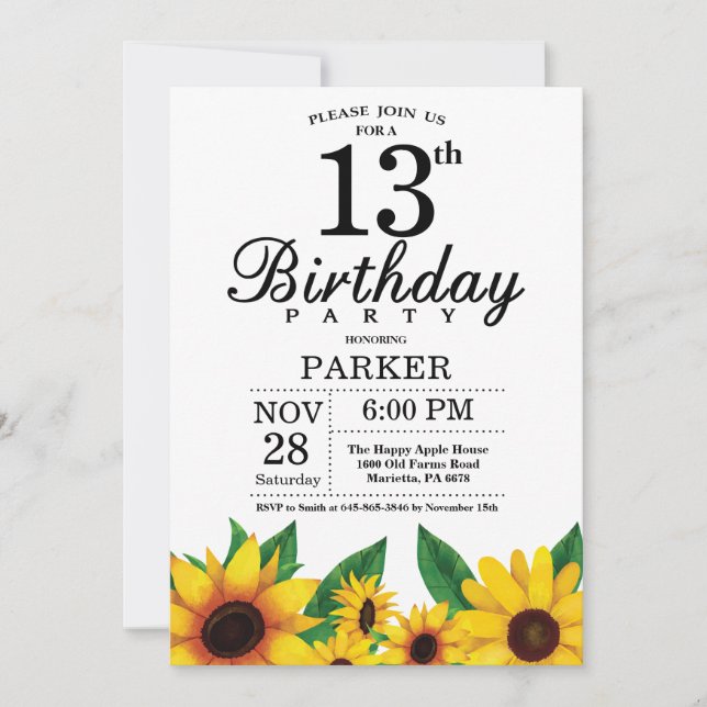 Sunflower 13th Birthday Invitation (Front)