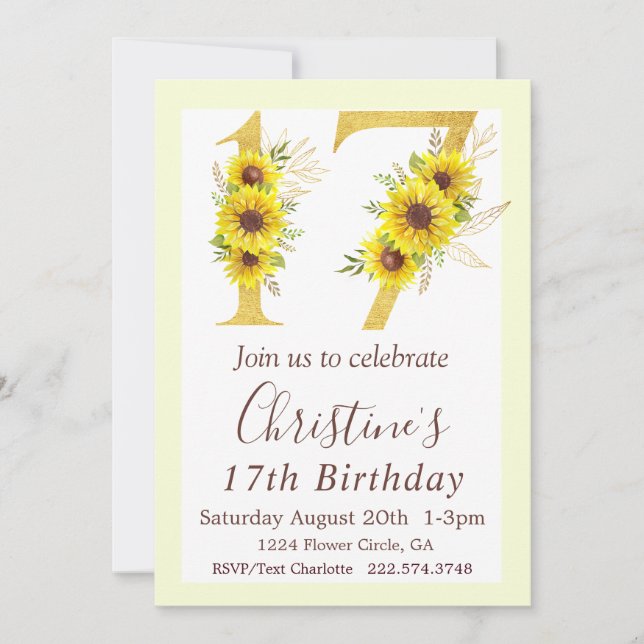 Sunflower 17th Birthday  Invitation (Front)