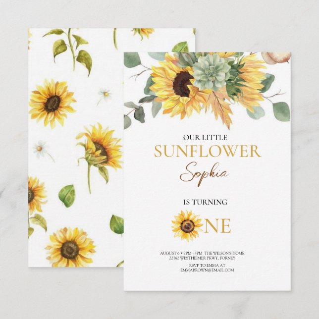 Sunflower 1st Birthday Invite (Front/Back)