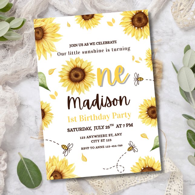 Sunflower 1st Birthday Invite, Bumble Bee Birthday Invitation (Creator Uploaded)