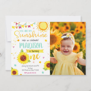 Sunflower 1st Birthday Photo Invitation for a Girl