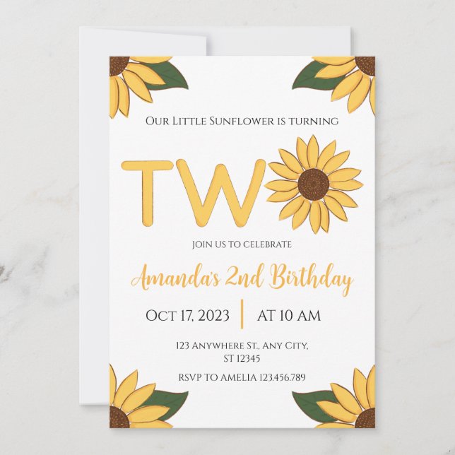Sunflower 2nd Birthday invitation (Front)
