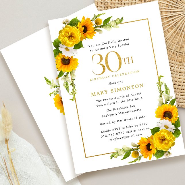 Sunflower 30th Summer Birthday Party Invitation (Guaranteed to impress your guests!)