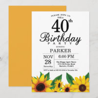Sunflower 40th Birthday Invitation