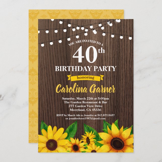 Sunflower 40th birthday invitation. Any age Invitation (Front/Back)