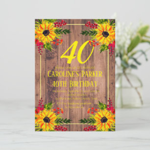 Sunflower 40th Birthday Wood Floral Adult Invitation