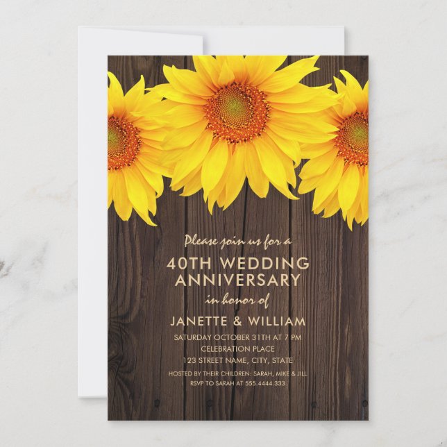 Sunflower 40th Wedding Anniversary Rustic Wood Invitation (Front)