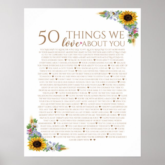 sunflower 50 things we love you 50th mom birthday poster (Front)