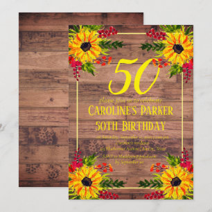 Sunflower 50th Birthday Wood Floral Adult Invitation