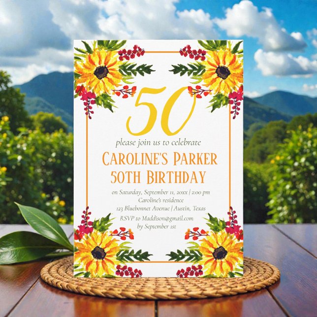 Sunflower 50th Birthday Yellow Floral Adult Invitation (Creator Uploaded)