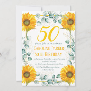 Sunflower 50th Birthday Yellow Floral Eucalyptus Invitation