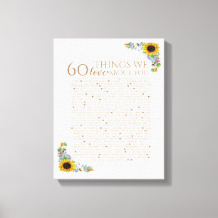 sunflower 60 things we love you 50th mum birthday canvas print