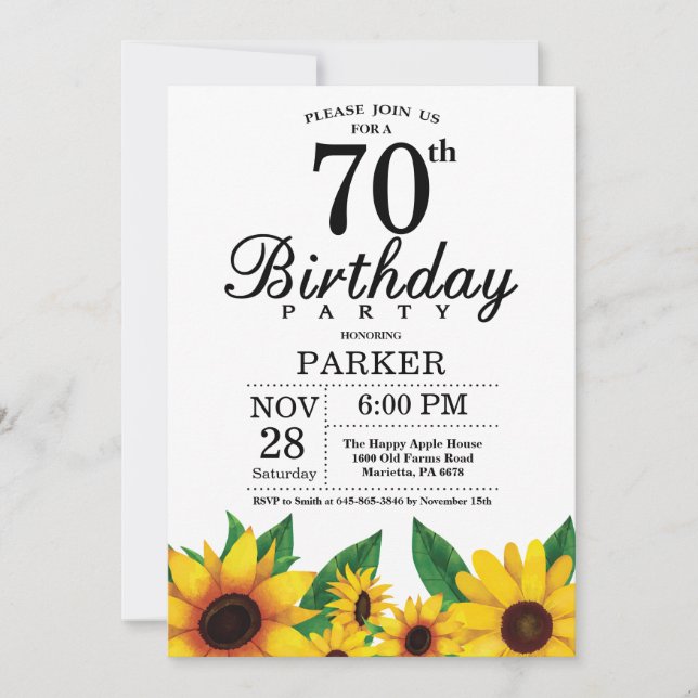 Sunflower 70th Birthday Invitation (Front)