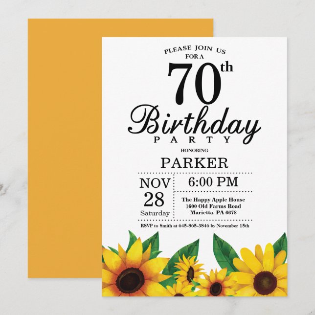 Sunflower 70th Birthday Invitation (Front/Back)