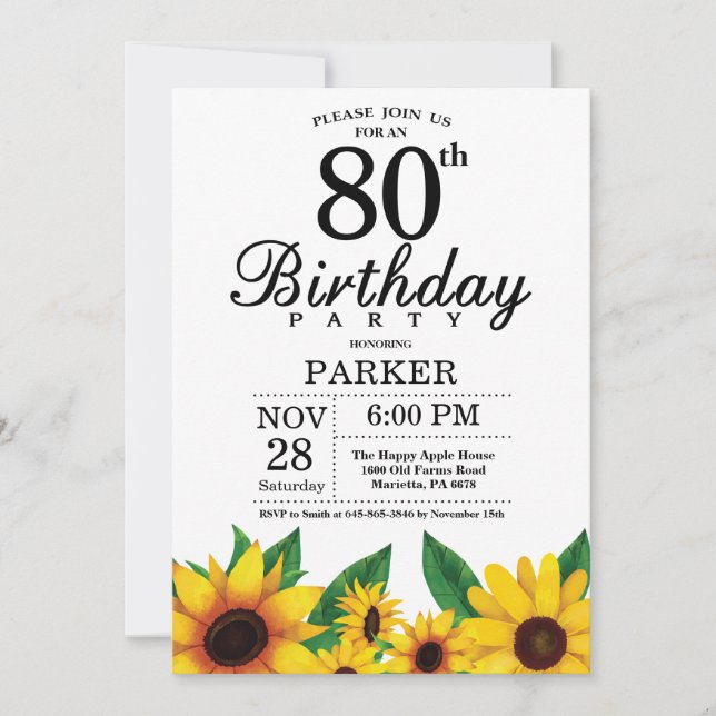 Sunflower 80th Birthday Invitation (Front)