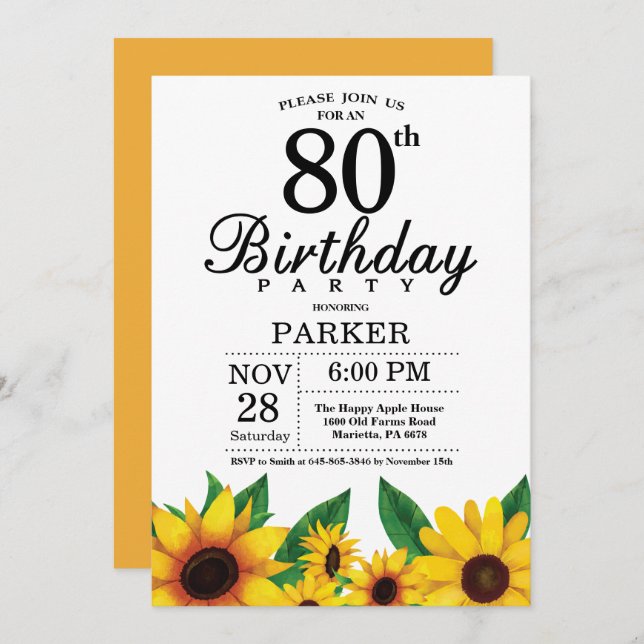 Sunflower 80th Birthday Invitation (Front/Back)
