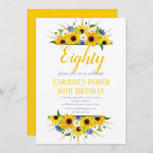 Sunflower 80th Birthday Yellow Floral Adult Invitation