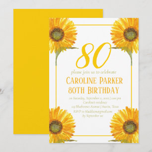 Sunflower 80th Birthday Yellow Floral Adult Invitation