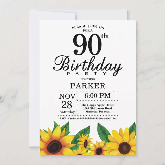 Sunflower 90th Birthday Invitation (Front)