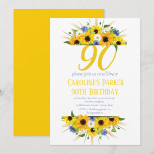 Sunflower 90th Birthday Yellow Floral Adult Invitation