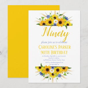Sunflower 90th Birthday Yellow Floral Adult Invitation