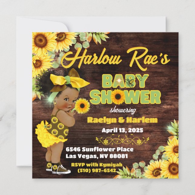 Sunflower Afro Baby Girl-Yellow Rustic Baby Shower Invitation (Front)
