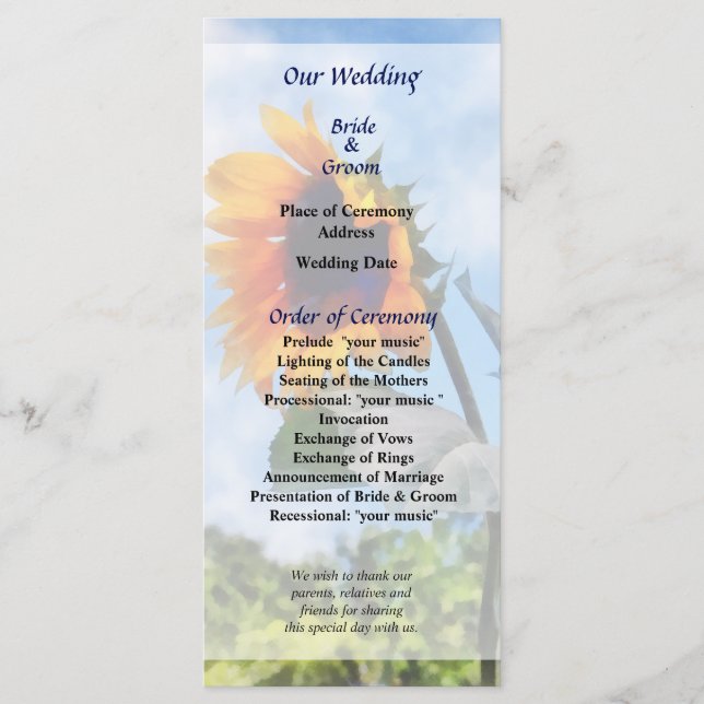 Sunflower Against the Skyr Wedding Program Programme (Front)