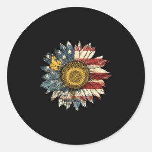Sunflower American Flag 4th Of July Usa Women Men  Classic Round Sticker