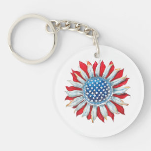 Sunflower American Flag 4th of July Women Men Meri Key Ring