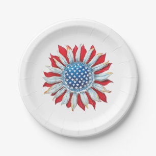 Sunflower American Flag 4th of July Women Men Meri Paper Plate
