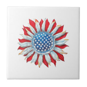 Sunflower American Flag 4th of July Women Men Meri Tile