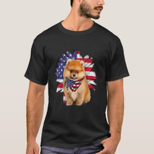 Sunflower American Flag Pomeranian Dog  4th Of Jul T-Shirt