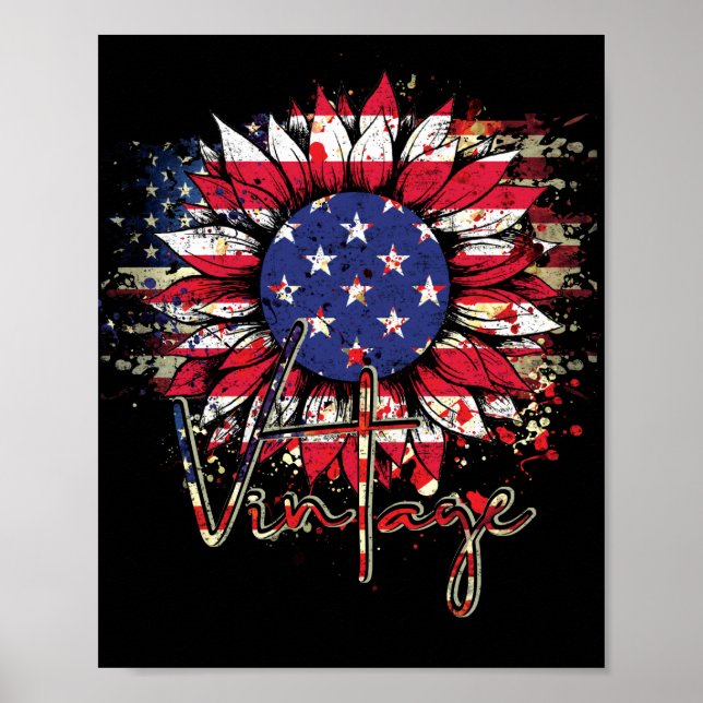 Sunflower American Flag Vintage Graphic 4th July Poster (Front)