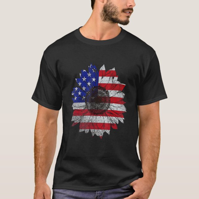 Sunflower American For Women Flower Graphic Flag V T-Shirt (Front)