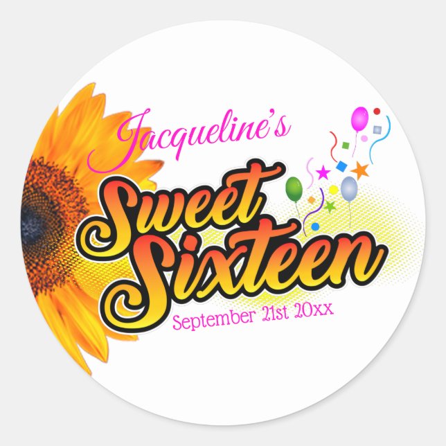 Sunflower and Balloons on White Sweet Sixteen Classic Round Sticker (Front)
