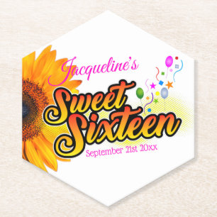 Sunflower and Balloons on White Sweet Sixteen Paper Coaster