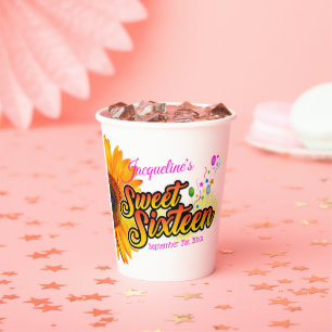 Sunflower and Balloons on White Sweet Sixteen Paper Cups