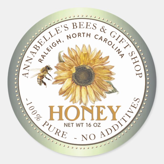 Sunflower and Bee Honey Label Green Border (Front)